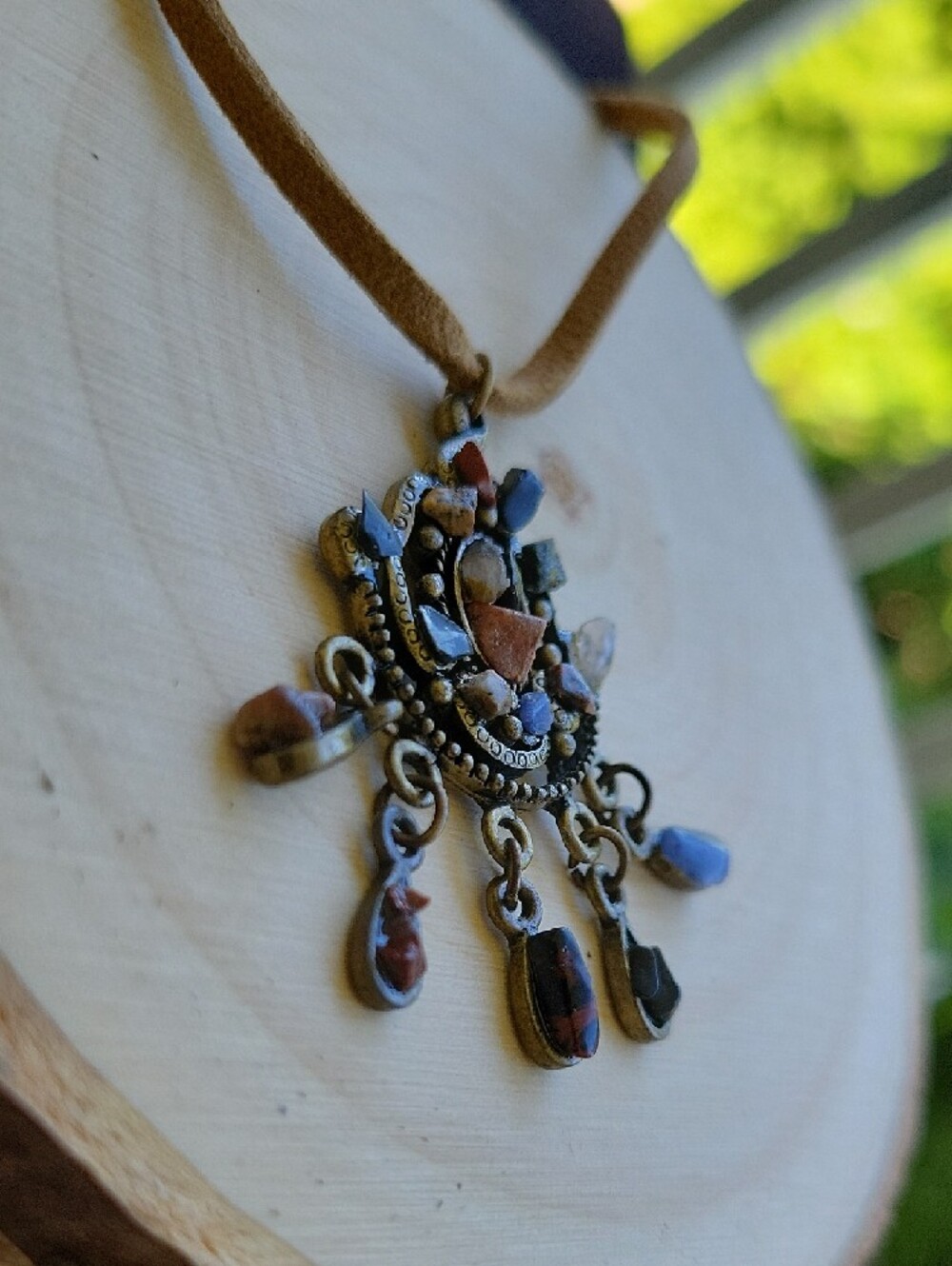 Bohemian Multicolor Stone Pendant With Leather 16"- 19" Adjust Cord Necklace NWT - Picture 2 of 4